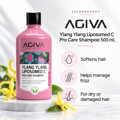 Agiva Ylang Ylang Liposomed C Pro Care Shampoo 500 mL benefits: Softens hair, Helps manage frizz, For dry or damaged hair