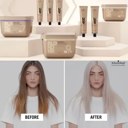BLONDME salon colour transformation inspiration; complete service with developer and toning, results vary