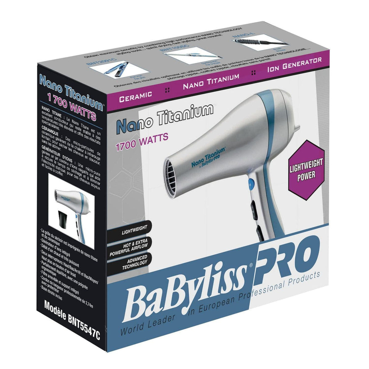 BaBylissPRO Nano Titanium Ionic Ceramic Hair Dryer 1700W BNT5547NC