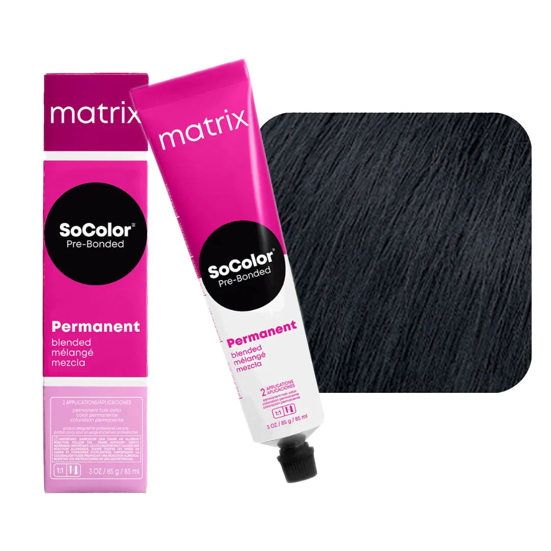 Matrix SoColor Pre-Bonded 1N Neutral Black permanent hair colour 85 mL tube, box and black shade swatch