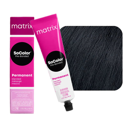 Matrix SoColor Pre-Bonded 1N Neutral Black permanent hair colour 85 mL tube, box and black shade swatch