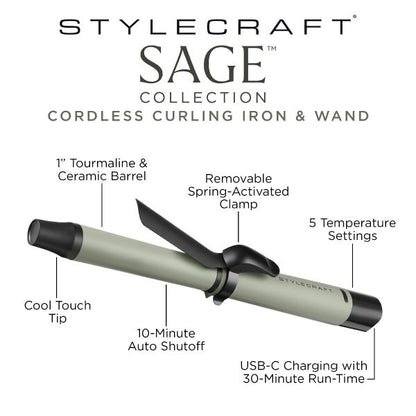 Style craft Sage 1” Cordless Spring Curling Iron & Wand with Removable Clamp