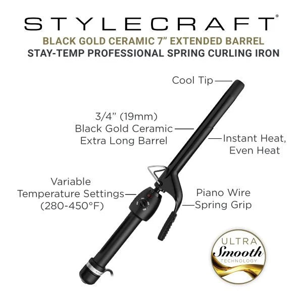 Style craft Stay-Temp Curling Iron - Professional Ceramic Barrel .75" Inch Hair Curling Iron