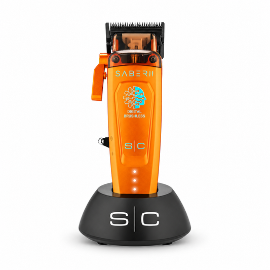 StyleCraft Saber 2 orange cordless professional clipper and charging stand