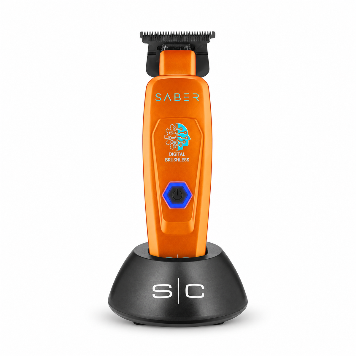 StyleCraft Saber orange cordless professional T-blade trimmer and charging stand